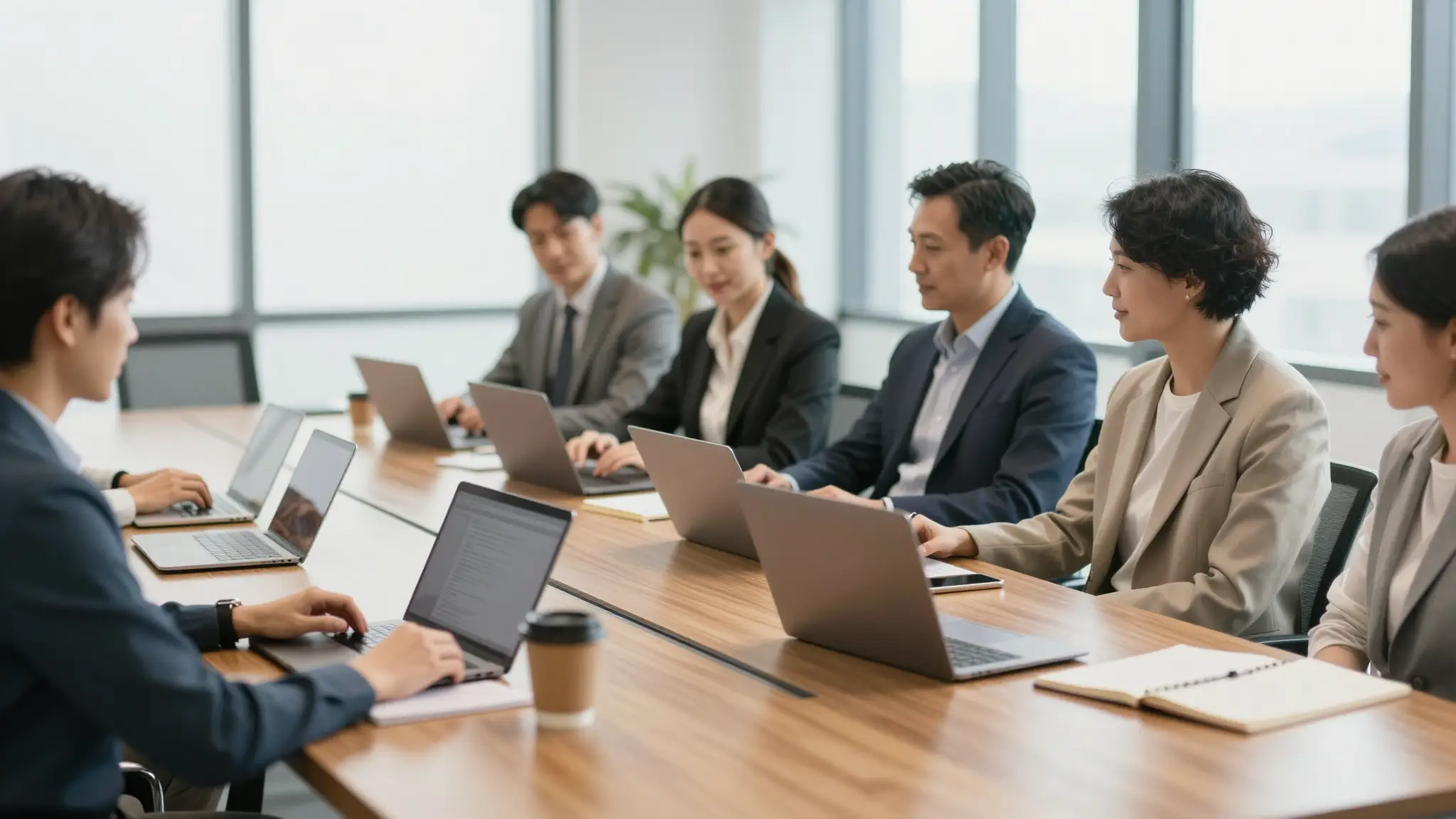 اجتماع عمل احترافي في قاعة مؤتمرات حديثة يجمع مشاركين حول طاولة مع أجهزة حاسوب لمناقشة القرارات